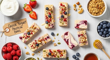 Vista aérea de varias barritas de yogurt griego proteicas sobre una mesa blanca, rodeadas de cuencos con yogur, fresas, arándanos, frambuesas, granola y miel.