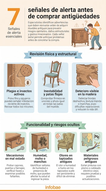 Infografía ilustrada sobre siete alertas al comprar antigüedades, organizada en cuadros con dibujos explicativos de muebles y texto informativo.