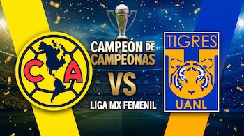 Imagen promocional del partido Campeón de Campeonas de la Liga MX Femenil con los escudos de Club América Femenil y Tigres Femenil, un trofeo y confeti.