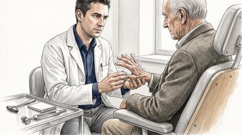 Un médico examina la mano temblorosa de un hombre adulto mayor sentado en un consultorio junto a una mesa con instrumental.