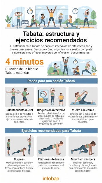 Infografía con personas que realizan ejercicios de Tabata, cronómetros de tiempo y texto que explica la estructura y los ejercicios recomendados.