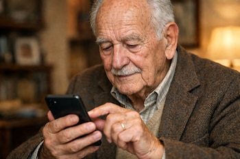 Primer plano de un anciano con bigote gris, vistiendo una chaqueta marrón, concentrado mientras manipula un smartphone negro con ambas manos.