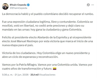 Efraín Cepeda afirmó que la ciudadanía expresó un mandato en las urnas - crédito @EfrainCepeda/X