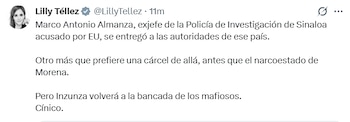 Tweet de la senadora tras la supuesta entrega de Almanza. Crédito: X - @LillyTellez