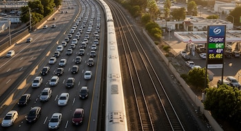 Vista aérea de autopista con tráfico denso, un tren plateado en vías paralelas, y una gasolinera con cartel digital mostrando precios de gasolina por encima de $5.
