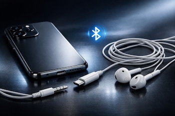 Un smartphone oscuro sin puerto jack descansa sobre una superficie, junto a unos audífonos blancos con cable y un adaptador USB-C; un icono de Bluetooth brilla.