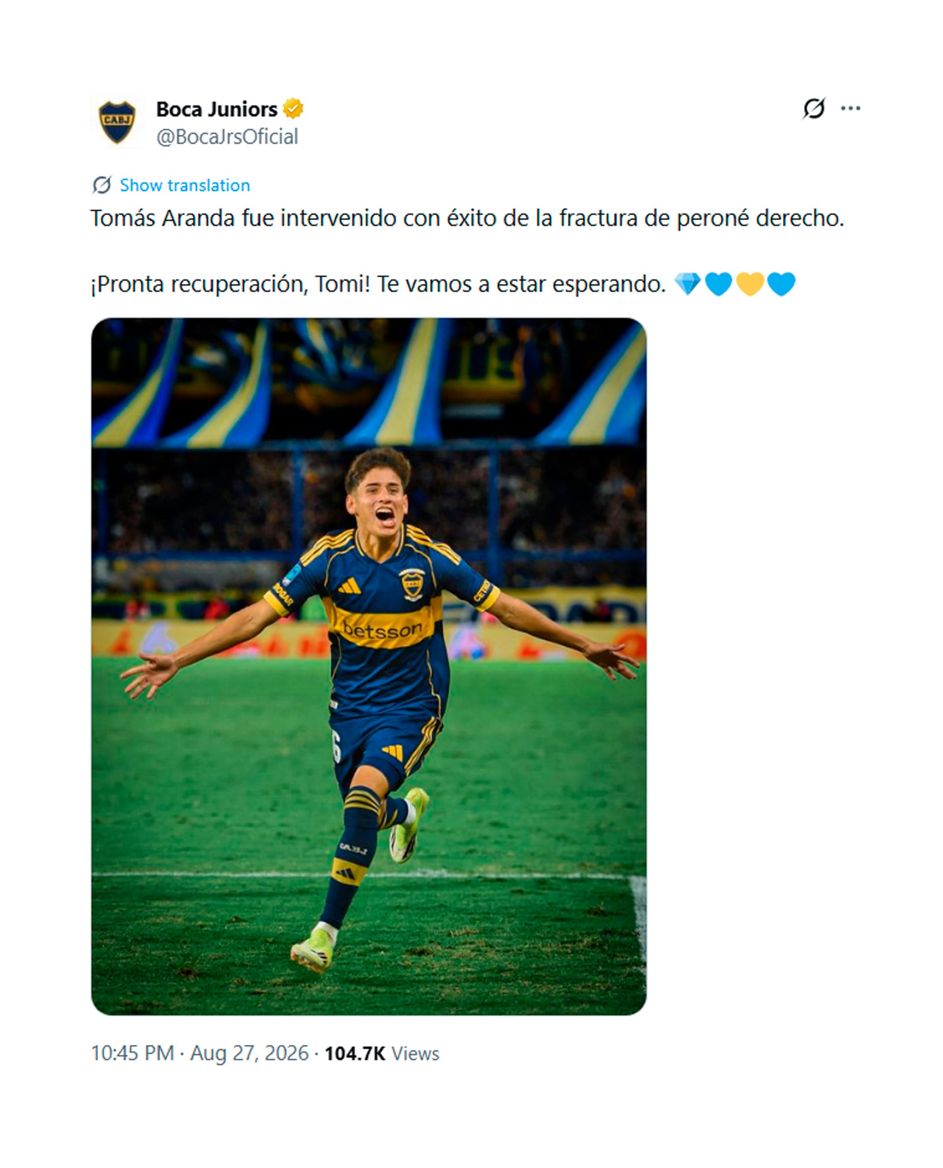 Boca Juniors confirmó la intervención exitosa de Aranda