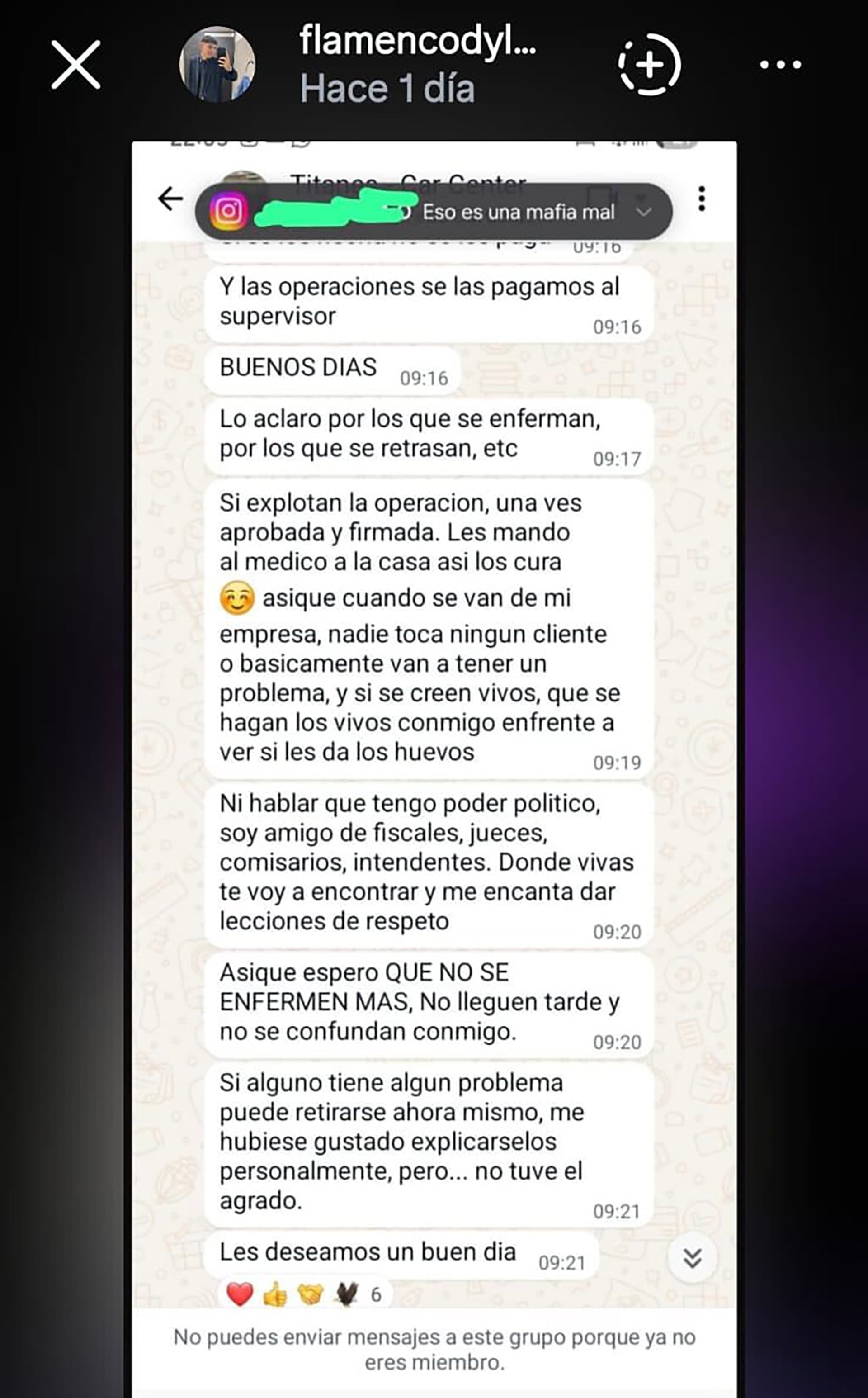 El mensaje que Balbuena le envió a los empleados de su concesionaria antes de ser detenido.