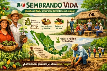 Ilustración detallada del programa Sembrando Vida, mostrando agricultores con plántulas, mapa de México, beneficios y escenas de trabajo y capacitación rural.