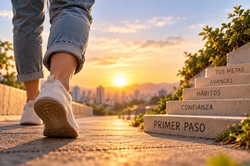Pies de una persona en calzado blanco sobre un camino junto a escalones con las palabras primer paso, confianza, hábitos, avances y tus metas