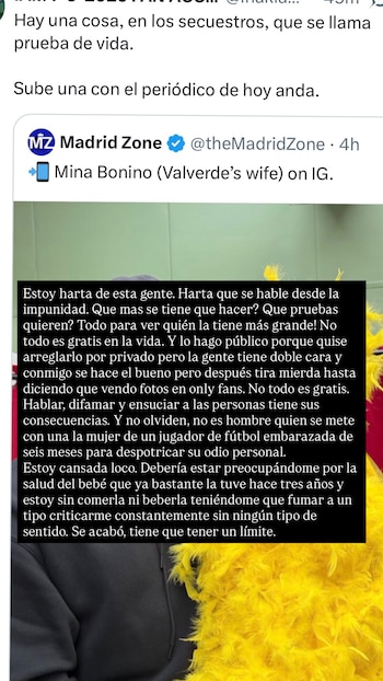 Captura de pantalla de una publicación de Instagram de Mina Bonino con un texto extenso sobre difamación, sobre un fondo con una persona y plumas amarillas