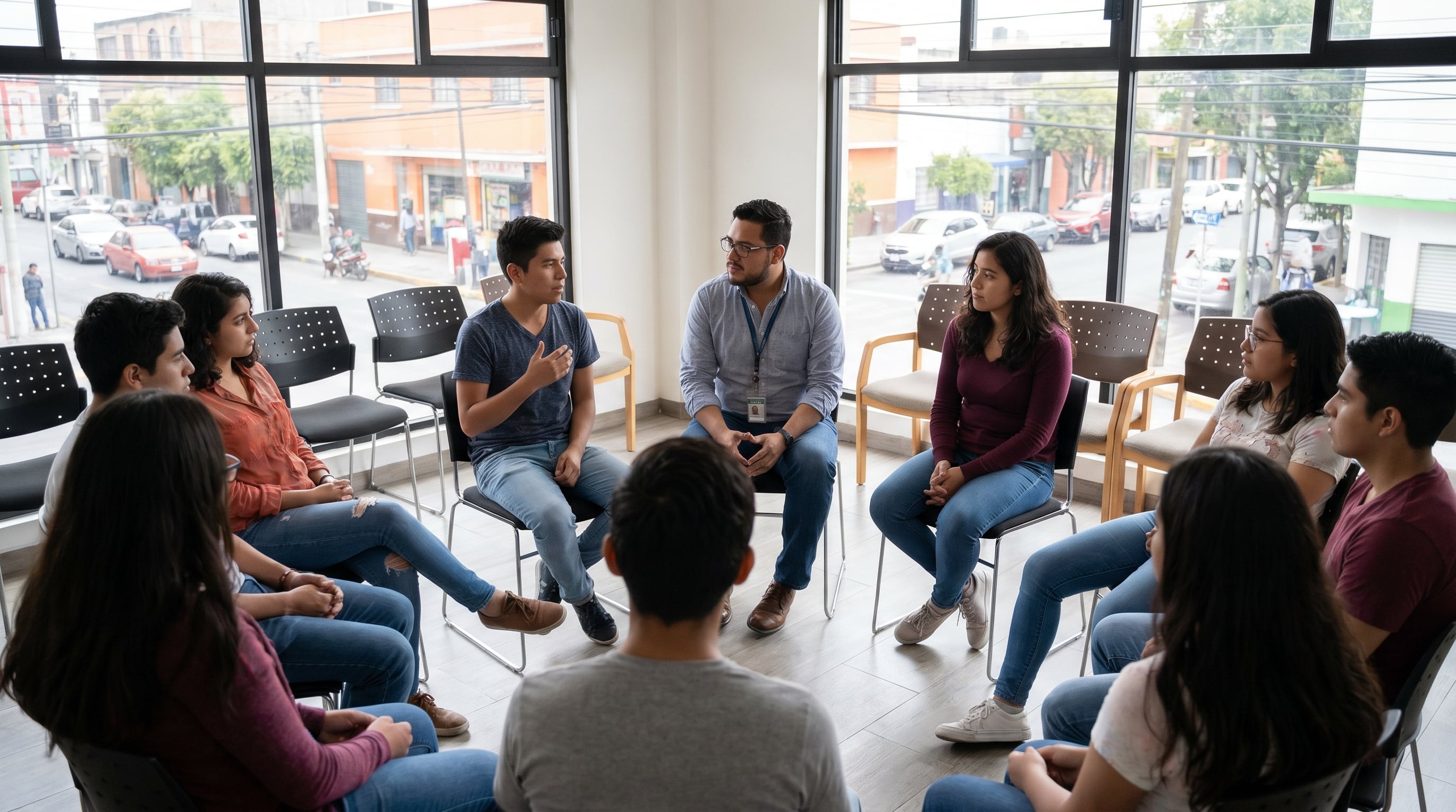 Un grupo de jóvenes mexicanos participa en una sesión de apoyo sobre salud mental, destacando la importancia del acceso a atención psicológica para abordar conductas de riesgo y bienestar emocional. (Imagen Ilustrativa Infobae)