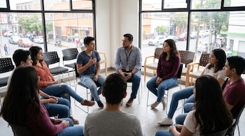 Un grupo de jóvenes y un hombre adulto sentados en círculo en una sala luminosa con grandes ventanas, participando en una conversación o sesión de grupo.