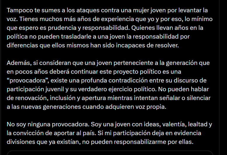 Gabriela Muñoz insistió en que no pueden responsabilizarla por divisiones anteriores a su aparición pública - crédito @gabymunozz_/X