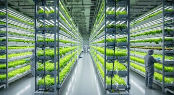 Amplio invernadero con estantes de cultivos hidropónicos verticales iluminados por luces LED; dos trabajadores con trajes protectores revisan las plantas.