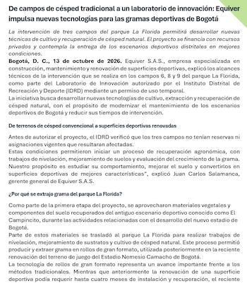 El comunicado de Equiver sobre el estadio del césped del estadio Nemesio Camacho el Campín de Bogotá - crédito Equiver