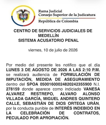 La audiencia ante el Juzgado 21 Penal del Circuito de Medellín abordará cargos por interés indebido en la celebración de contratos y peculado por apropiación - crédito @FicoGutierrez/X