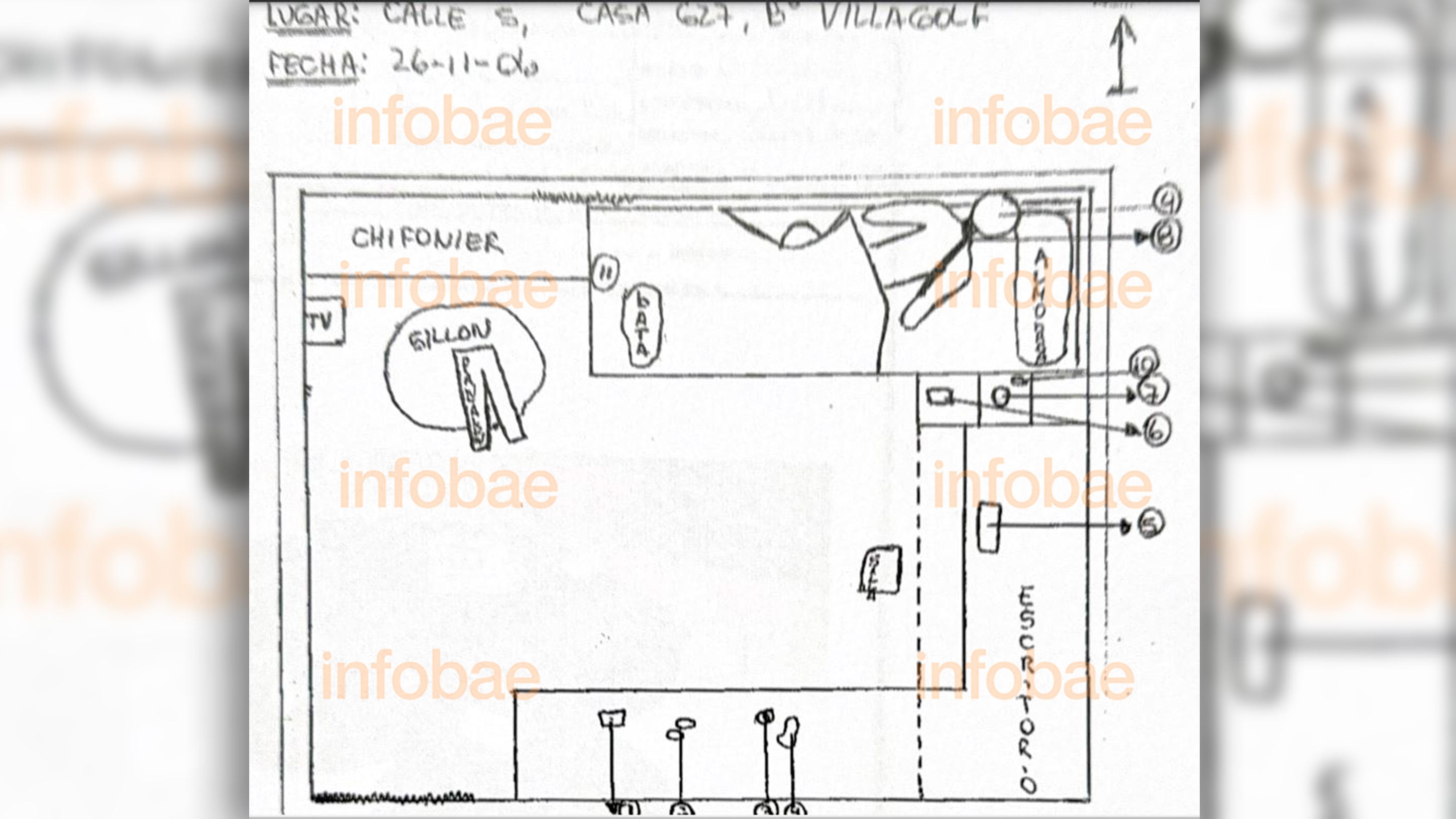 El croquis de la escena del crimen dibujado por el oficial inspector Sergio Ariel Liendo
