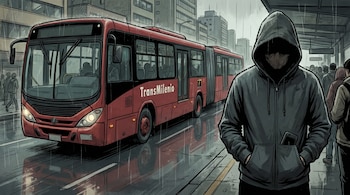 Ilustración de un autobús TransMilenio rojo en una calle lluviosa de la ciudad y una figura encapuchada con las manos en los bolsillos.