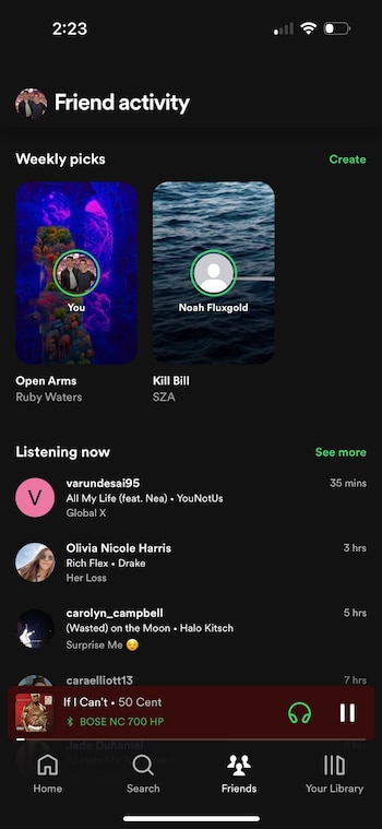La función de Amigos en Spotify para celulares muestra su actividad y recomendaciones personalizadas a modo de historias. (Twitter/@datkeed)