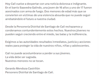 La Personería pidió medidas concretas ante una seguidilla de actos violentos que golpean a la ciudad - crédito @personeriacali / X