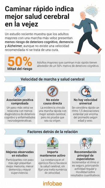 Infografía de Infobae con texto, números e iconos sobre la relación entre caminar rápido y la salud cerebral en adultos mayores.