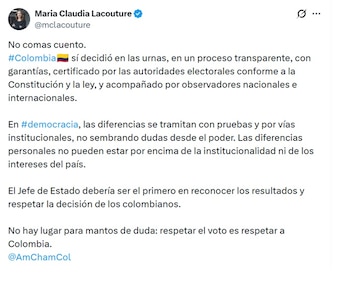 María Claudia Lacouture, presidenta ejecutiva de AmCham Colombia, afirmó que las diferencias personales no pueden estar por encima de la institucionalidad ni de los intereses del país - crédito @MCLacouture/X