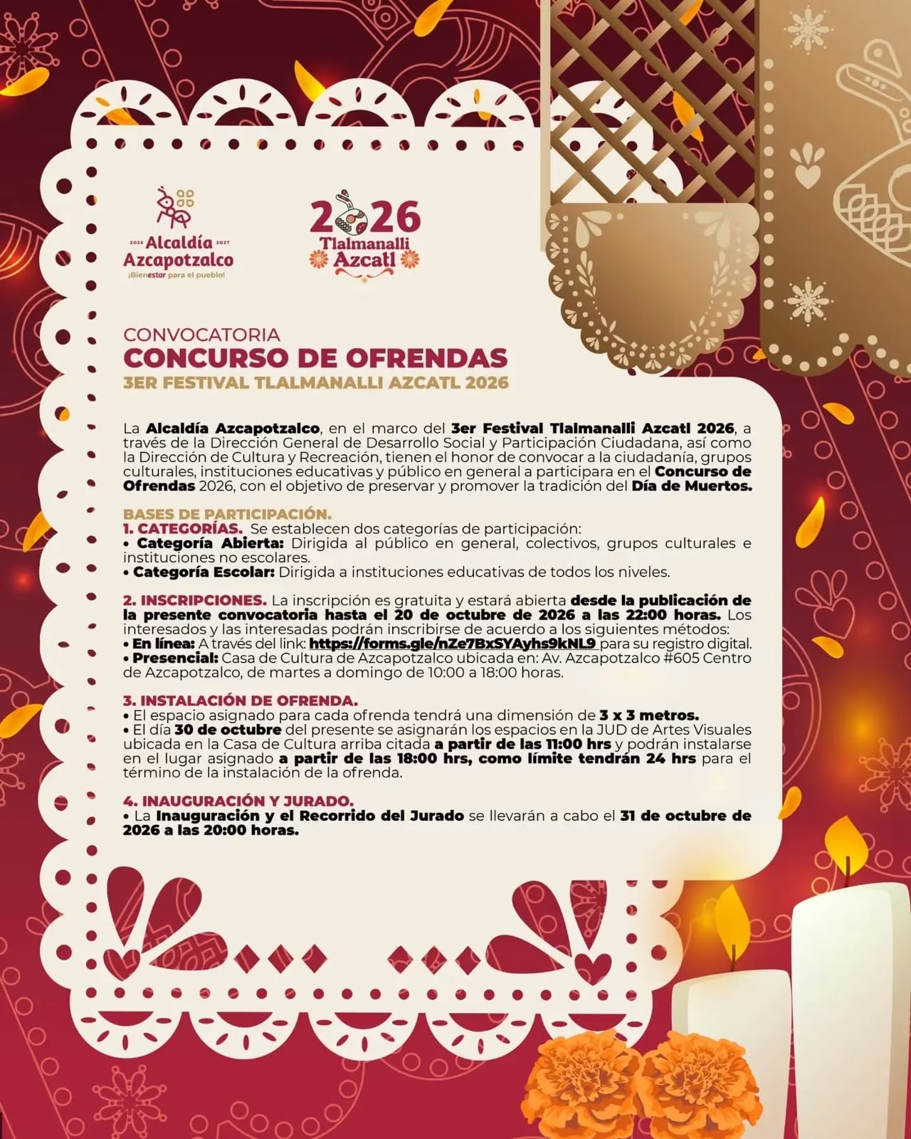 Las inscripciones permanecerán abiertas hasta el 20 de octubre a las 22:00 horas, sin prórroga. (Foto: Alcaldía Azcapotzalco)