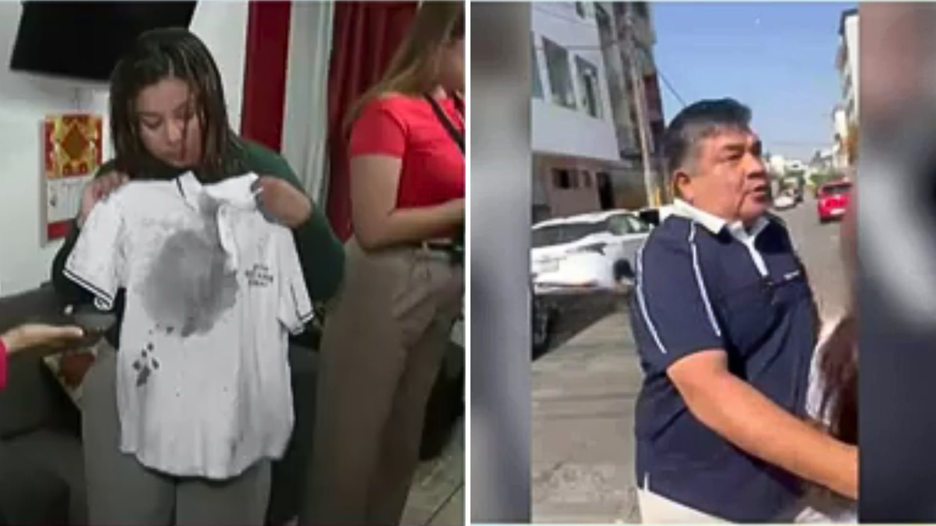 Silvana Cornejo, madre de la menor agredida en Lima, muestra la camiseta ensangrentada de su hija tras el ataque perpetrado por una compañera, incitada por su padre, cuya imagen también se presenta. (Buenos Días Perú)