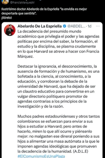 La vicepresidenta le respondió a Abelardo de la Espriella luego de sus críticas por reconocimiento en Harvard - crédito Francia Márquez/X