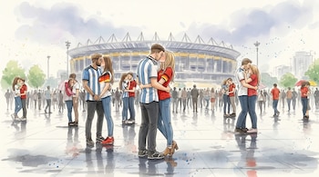 Ilustración de una pareja besándose frente a un estadio de fútbol; el hombre lleva una camiseta argentina, la mujer una roja y amarilla. El suelo está mojado.