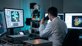 Un hombre de bata blanca observa por un microscopio junto a tres monitores informáticos que muestran estructuras moleculares y células.