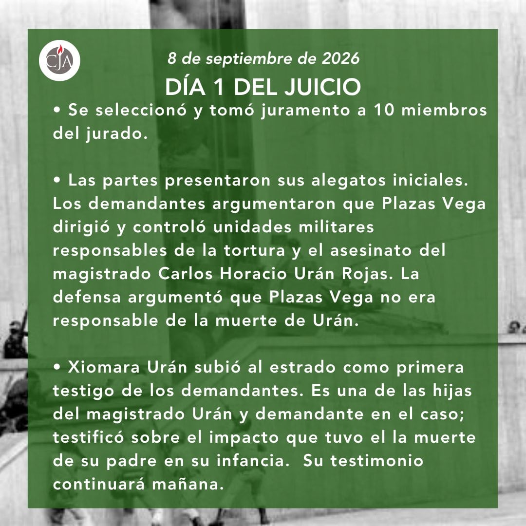 Las hijas de Carlos Horacio Urán Rojas promovieron la demanda contra Plazas Vega por presuntas ejecuciones extrajudiciales y torturas en el Palacio de Justicia - crédito CJA/X
