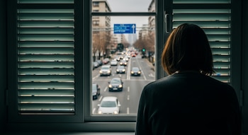 Una persona de espaldas mira por una ventana, con persianas en el lado izquierdo, y al exterior se observa una calle urbana con vehículos y edificios.