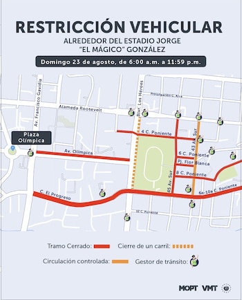 La restricción vehicular se aplicará entre las 6:00 y las 23:59 por un evento organizado por la Dirección de Integración en el Estadio Jorge “El Mágico” González. (Cortesía: Viceministerio de Transporte)