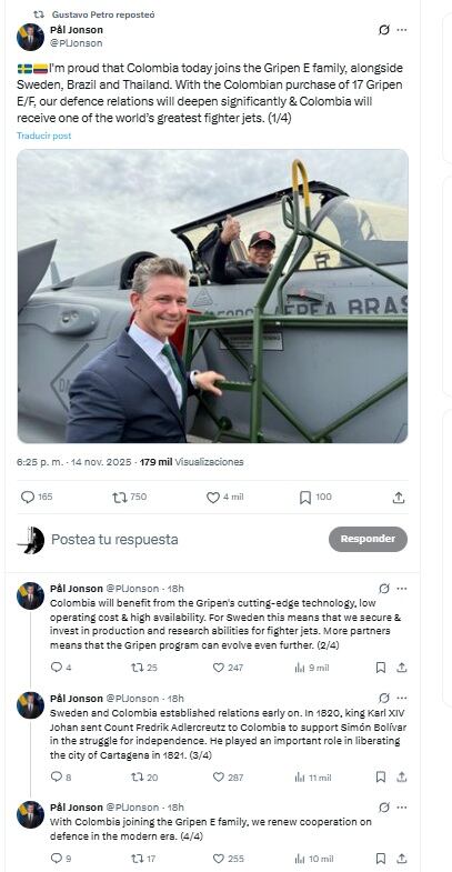 El mensaje que compartió el ministro sueco lo replicó el presidente Petro la mañana del sábado 15 de noviembre de 2025 - crédito @PlJonson/X