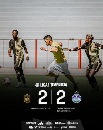 Tres futbolistas en un campo de juego. Marcador final de fútbol 2-2 con los logos de Comerciantes Unidos y CD Moquegua, nombres de goleadores y sponsors