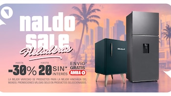 Anuncio de Naldo para heladeras. Descuentos y envío gratis AMBA. Dos heladeras oscuras, una compacta y una grande con dispensador. Fondo urbano