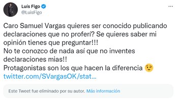 El trino de Luis Figo al periodista colombiano Samuel Vargas donde denuncia que inventó declaraciones que él nunca dijo. Imagen: @LuisFigo.