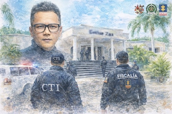 Pintura de acuarela con un hombre con gafas, agentes de CTI y Fiscalía frente a un edificio, un vehículo policial y palmeras bajo un cielo azul.