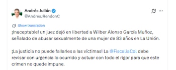 El gobernador de Antioquia criticó la decisión judicial que habría dejado en libertad a alias Wilber - crédito @AndresJRendonC/X
