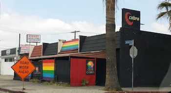 Edificio de color negro con paneles decorados con la bandera arcoíris, un letrero de Club Cobra, comercios vecinos y una palmera al frente