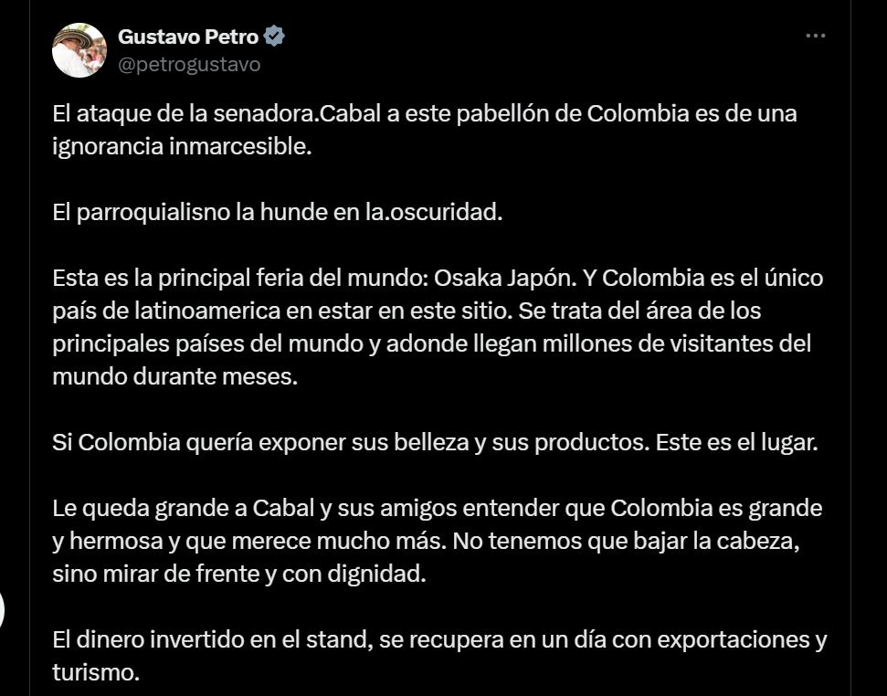 El presidente respondió a críticas de María Fernanda Cabal por instalación de Casa Colombia en Osaka - crédito red social X