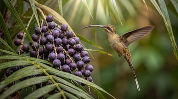 Colibrí de pico curvo y cola larga volando junto a un racimo de frutos morados entre hojas de palmera.