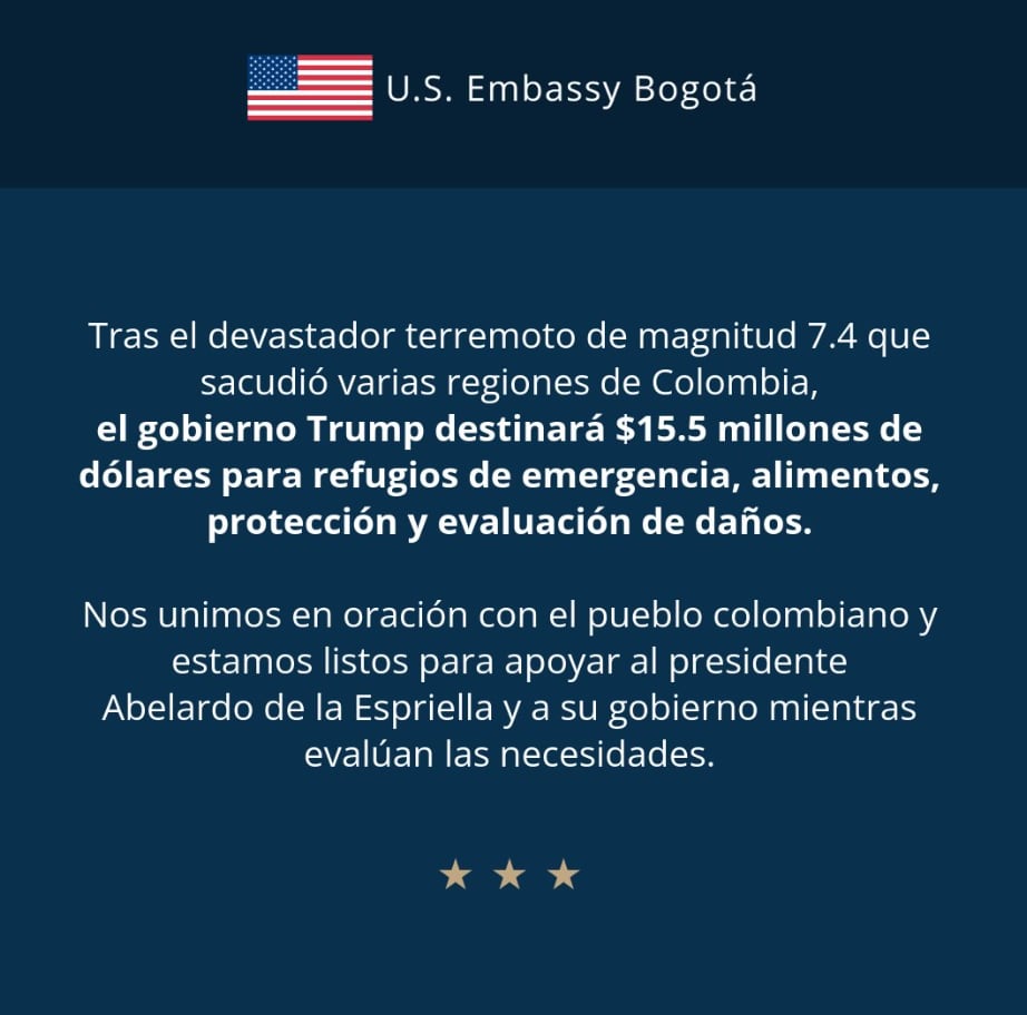 La administración de Donald Trump anunció que destinará 15,5 millones de dólares para apoyar a los damnificados en Colombia con refugios de emergencia, alimentos, protección y evaluación de daños - crédito @usembassybogota/IG