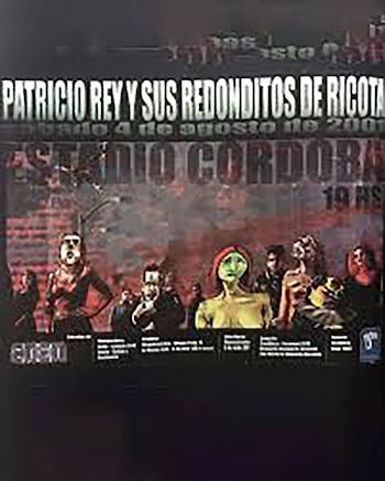 Poster oscuro con el texto Patricio Rey y Sus Redonditos de Ricota, Estadio Córdoba, 4 de agosto de 2001 y 19 HS. Incluye siete figuras humanas estilizadas