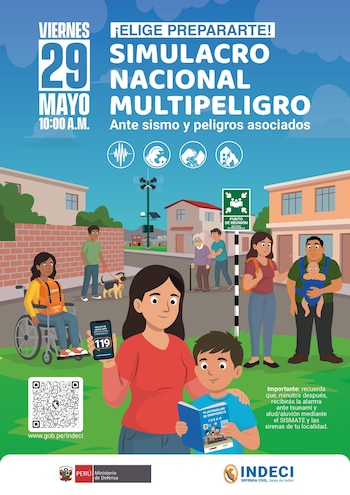Ilustración del Simulacro Nacional Multipeligro con diversas personas evacuando, señales de emergencia, un poste SISMATE y texto informativo de INDECI