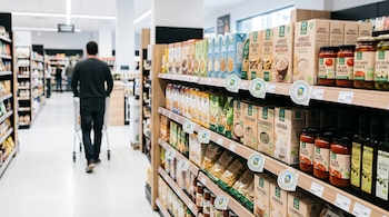 Estantes con alimentos empaquetados con distintivos circulares y un hombre de espaldas empujando un carrito de compras en el pasillo.