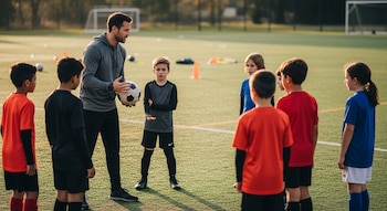 Un entrenador de fútbol masculino sostiene un balón mientras habla con siete niños y niñas en un campo de césped artificial con porterías y conos.