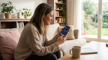 Mujer sentada en un sofá claro usando un teléfono móvil con una aplicación de inversión que muestra gráficos. Una taza y un cuaderno están en la mesa de madera.